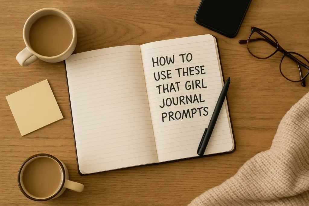 flat lay of an open notebook with the words “How to Use These That Girl Journal Prompts” written inside, surrounded by a pen, coffee mug, phone, glasses, sticky note, and cozy knit blanket on a wooden table