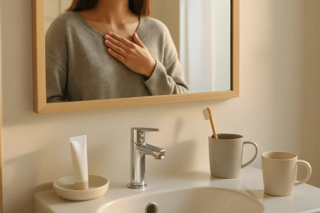 Sunlit bathroom counter with mirror; torso reflection with hand on heart, no visible face
