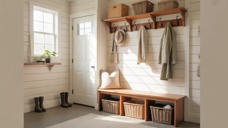 Cozy farmhouse mudroom with white shiplap, wood bench, woven baskets, and hooks holding neutral coats, showing Ideas for a Farmhouse Mudroom that feel calm and useful in the style of yourselflovehub.com.