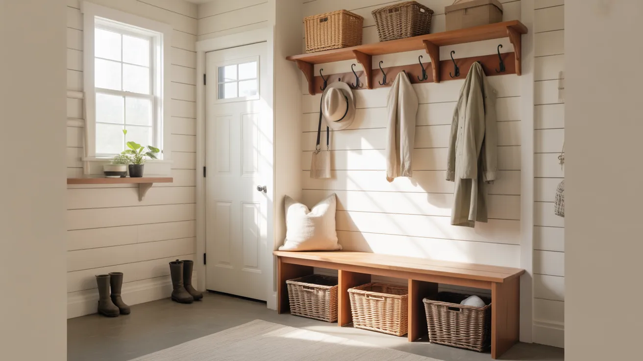 Cozy farmhouse mudroom with white shiplap, wood bench, woven baskets, and hooks holding neutral coats, showing Ideas for a Farmhouse Mudroom that feel calm and useful in the style of yourselflovehub.com.