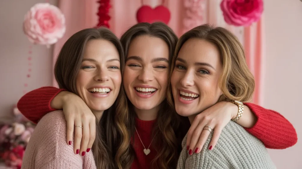 “Galentine’s Day ideas: a fun girls party for Valentine’s Day with girlfriends laughing in a pink, heart-filled living room.”