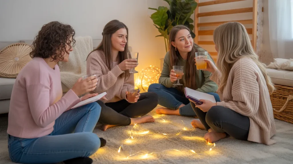 Galentine’s Day friends hugging and laughing while celebrating their friendship.”