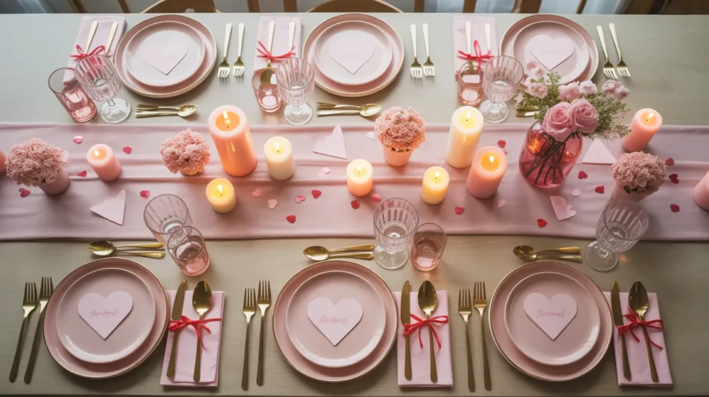 Galentine’s Day table setup with pink plates, heart confetti and mini gift bags for guests.”