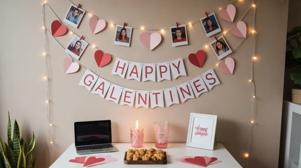 “DIY Galentine’s Day ideas for a fun girls party with heart garlands, photo wall and a cute banner.”