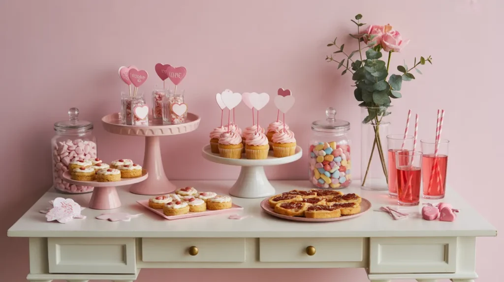 Galentine’s snack table with heart-shaped desserts, mini pizzas and a self-serve drink bar.”