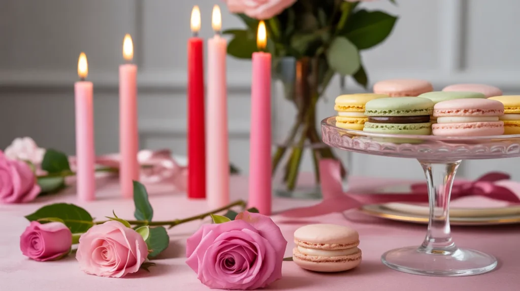 “Galentine’s Day ideas a fun girls party tablescape with creative pink and red candle centerpiece and sweet treats.”