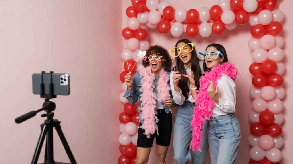 Galentine’s Day photo booth corner with heart balloons and fun props for girlfriends.”