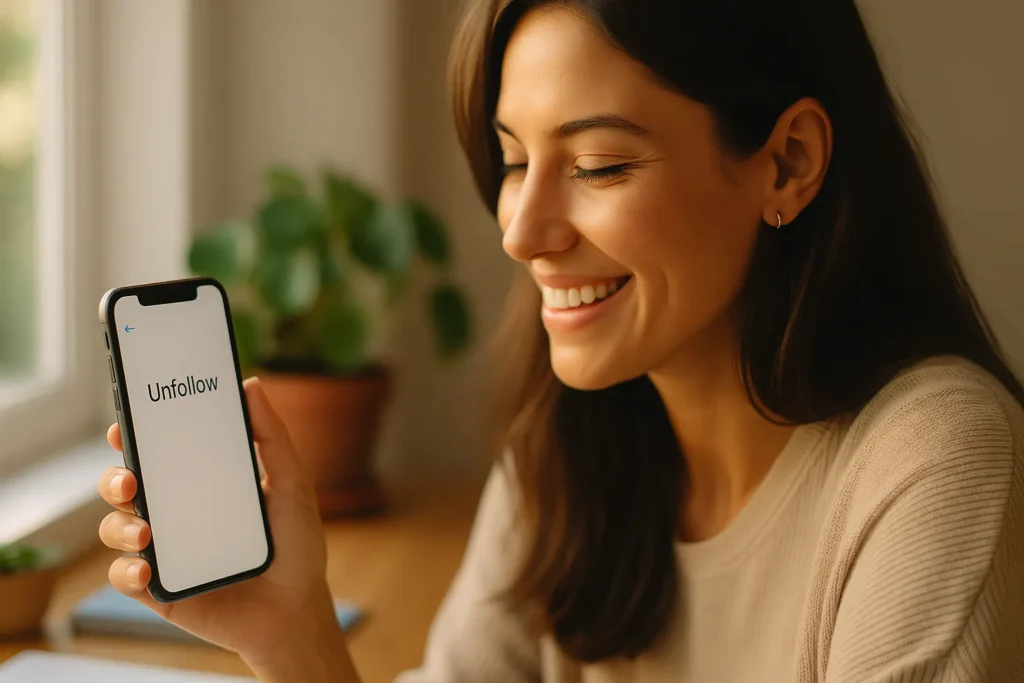 horizontal photo of a smiling woman by a sunlit window reviewing her phone and unfollowing accounts, calm minimal scene showing a gentle digital detox