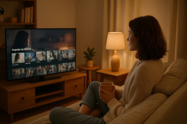 A woman relaxing on a cozy sofa at night, watching Netflix with a warm drink in hand, creating the calm, cinematic vibe of Inspiring Netflix Shows for Women Who Want Comfort, Courage, and a Little Escape.