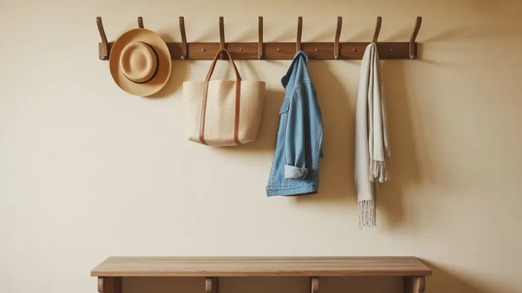 Long wooden peg rail on a creamy wall with a straw hat, canvas tote, and denim jacket hanging neatly above a simple bench in a tidy farmhouse mudroom.