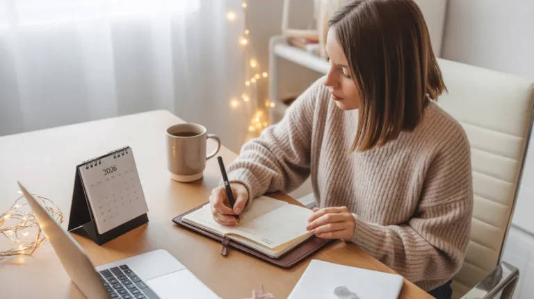 “Cozy desk scene with a 2026 goals notebook illustrating 10 New Year’s resolutions you can actually do”