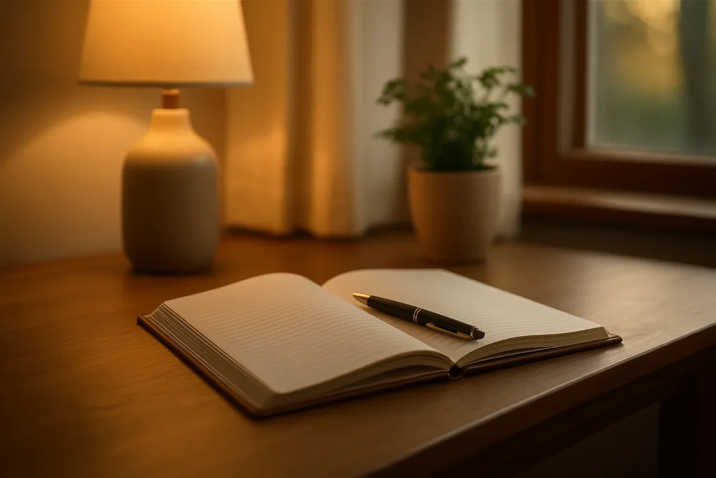 open journal with a pen on a wooden desk beside a small lamp and plant, warm window light creating a calm space for weekly reflection