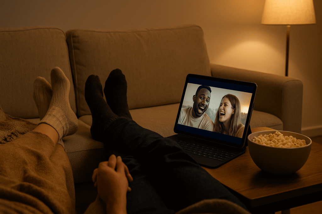 lighthearted evening where partners share laughter on the couch—tablet on stand, cozy blanket, popcorn bowl, warm lamp glow