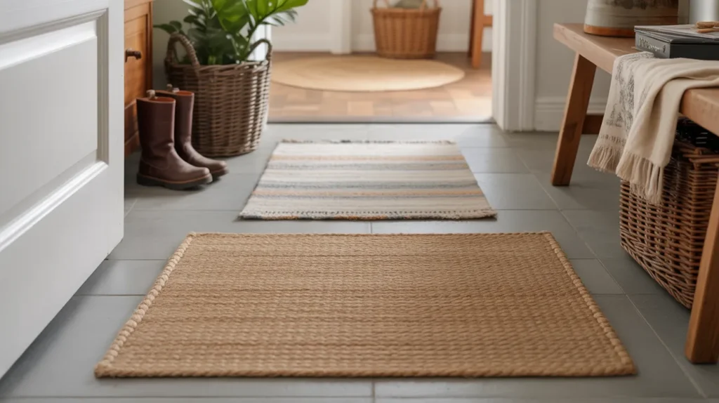 Entryway floor with a natural jute rug layered under a striped beige runner, boots set to the side and a wood bench in the background, making the farmhouse mudroom feel soft and finished.
