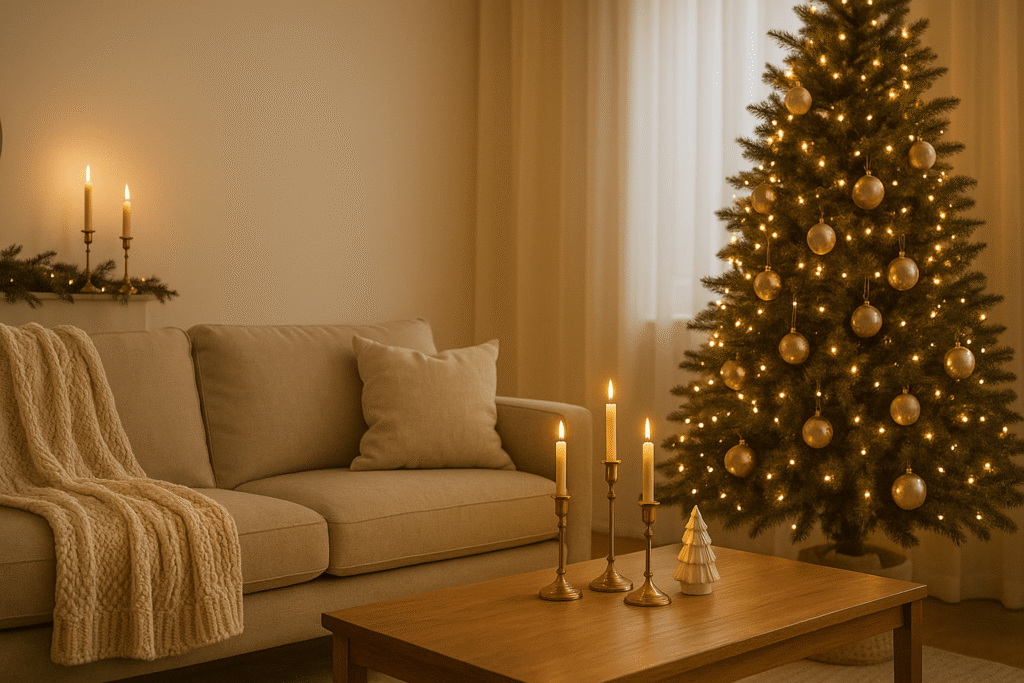 Neutral Christmas living room with ivory textiles and brass accents.