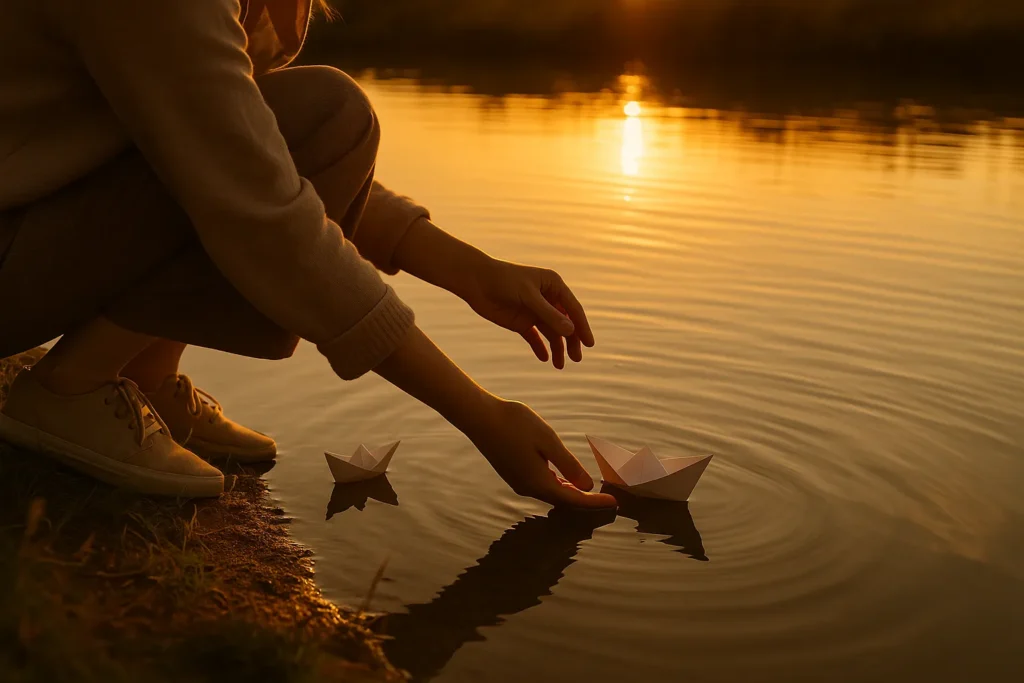 Hands gently releasing paper boats into calm water at sunset—soft ripples, warm golden light.

