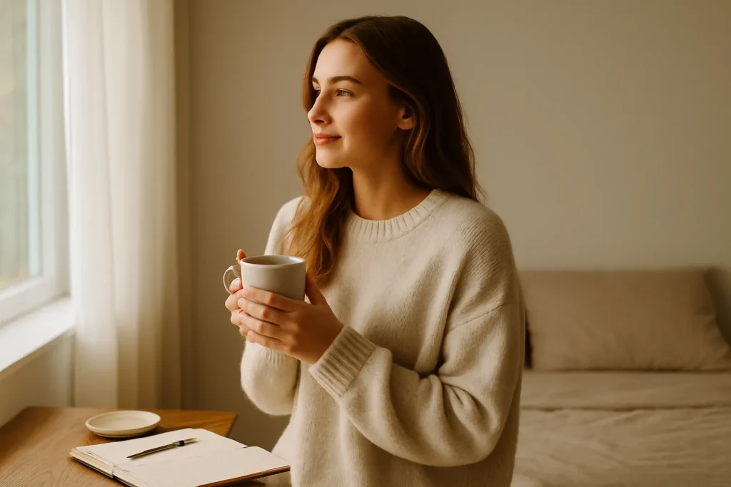 woman holding a mug by the window in a calm bedroom, showing human and imperfect morning routine