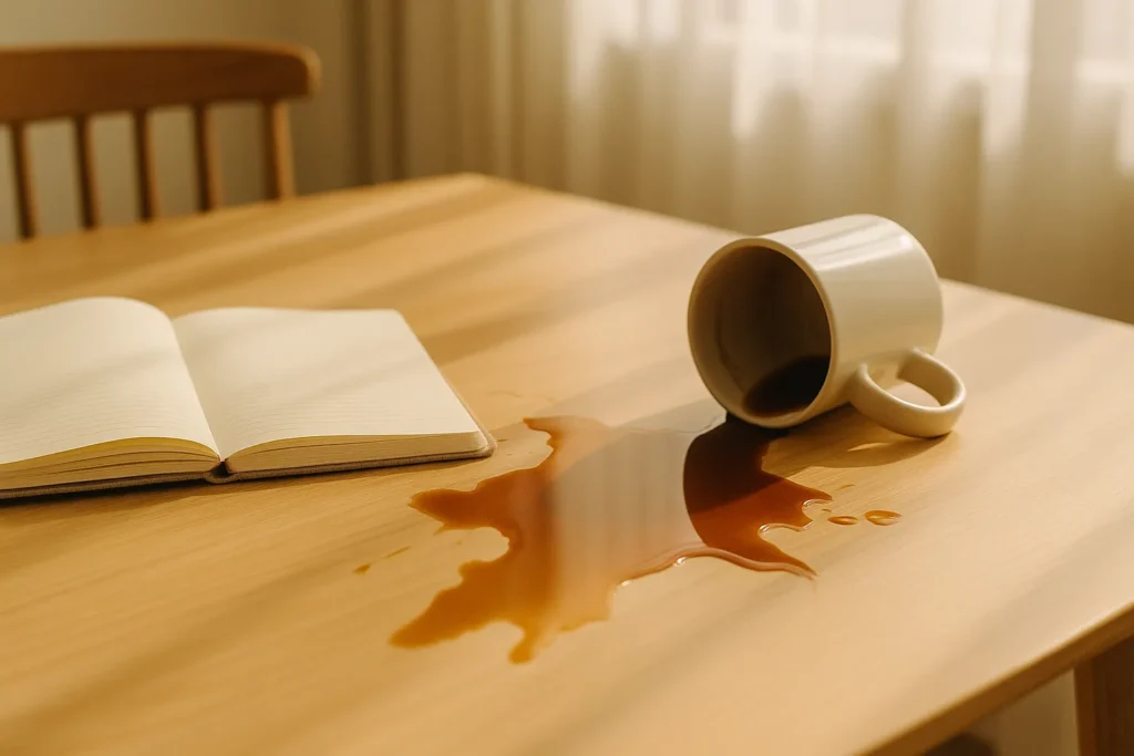 spilled coffee from a tipped mug spreading across a sunlit wooden table beside an open notebook, representing how one small morning mishap can feel like it ruins the whole day