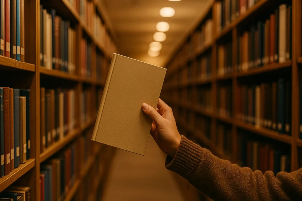 Hand holding a mystery book in a cozy library aisle as on of the screen free 
activities