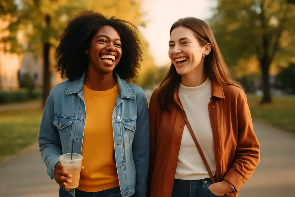two friends walking and laughing together, having light low-pressure conversations while getting to know each other