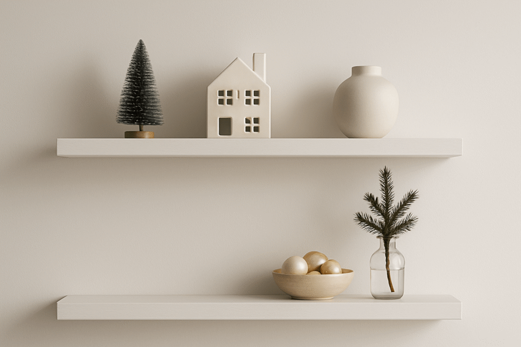 Minimal holiday shelves with a ceramic house, mini tree, bowl of ornaments, and a small evergreen sprig.