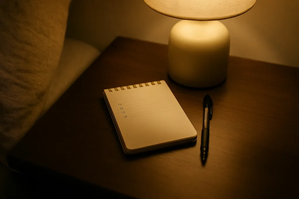Nightstand notepad with blank bullet points beside a pen and warm lamp glow.
