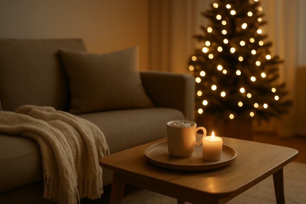 Cozy Christmas corner with a knit throw on the sofa, cocoa tray, candle, and a softly lit tree.