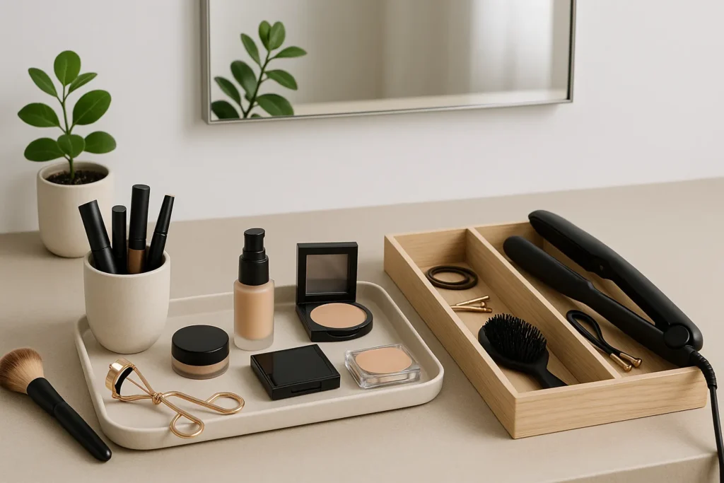 A decluttered everyday bag with organized pouches and essentials laid out for easy access and weekly reset routines.