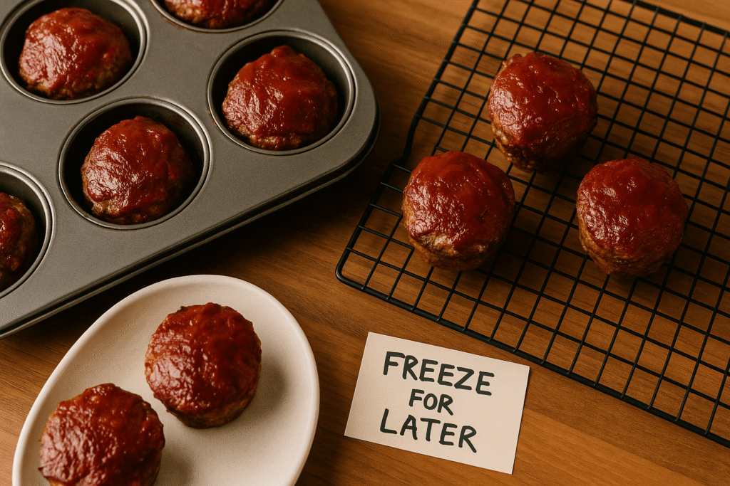 glazed meatloaf muffins in a muffin tin, with a few cooling on a rack and a simple “freeze for later” card