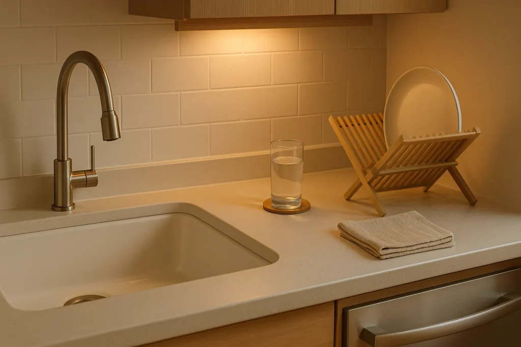 Tidy kitchen counter with a rinsed sink, wooden drying rack holding one plate, and a folded dish cloth under warm under-cabinet light (1600×900).
