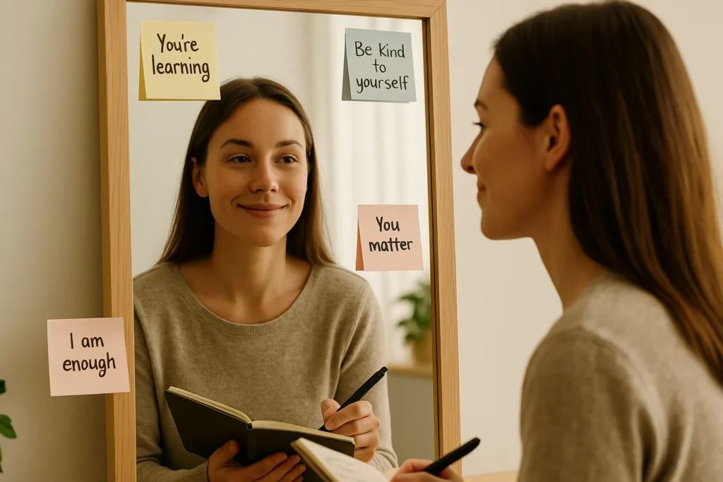 woman standing in front of a mirror with soft affirmations on sticky notes around the frame, smiling gently at her reflection as she practices positive self-talk