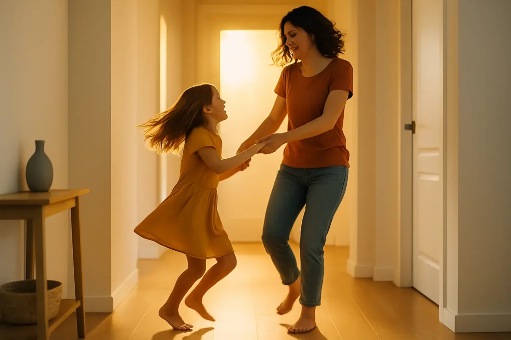 Mom and child dance barefoot in a sunlit hallway with warm golden backlight and gentle motion blur.
