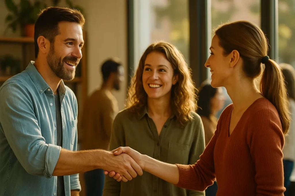 man and woman shaking hands and smiling as they meet at a casual indoor gathering while a friend looks on happily
