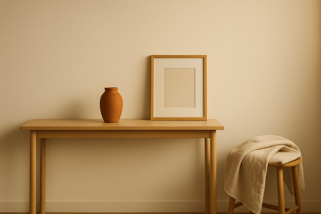 minimalist console with terracotta vase, wood-framed print, and linen throw on stool—warm, neutral apartment aesthetic