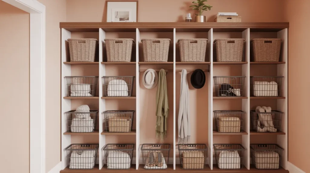 Mudroom shelving styled with woven baskets and black wire bins holding scarves and hats, combining cozy texture and practical storage in a calm neutral palette.