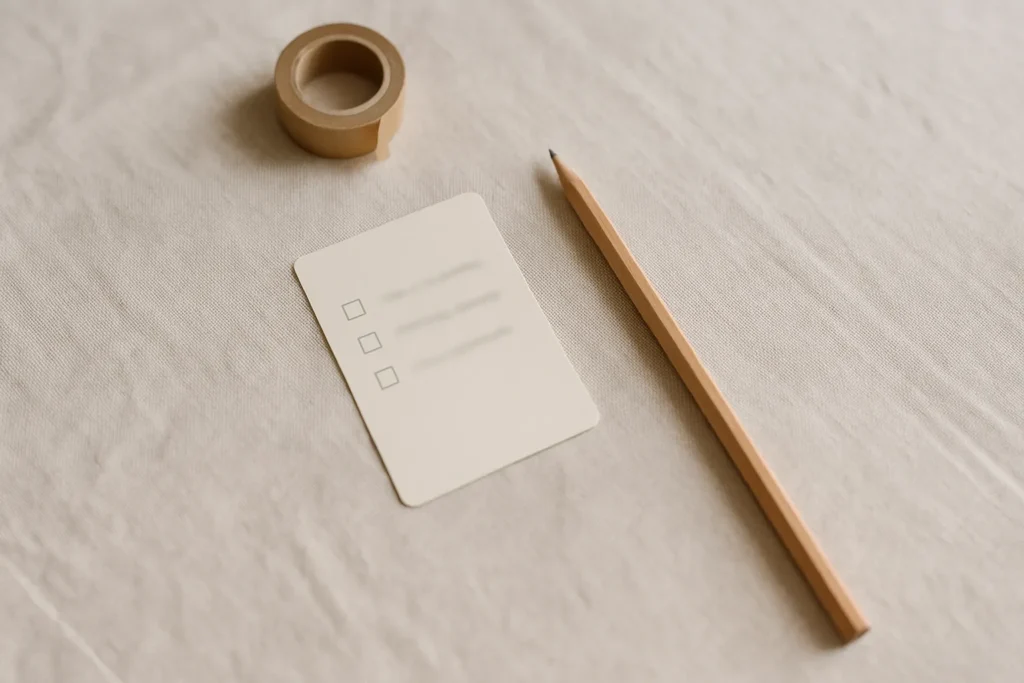 Minimal checklist card with blurred lines, pencil, and washi tape on pale linen (1600×900).
