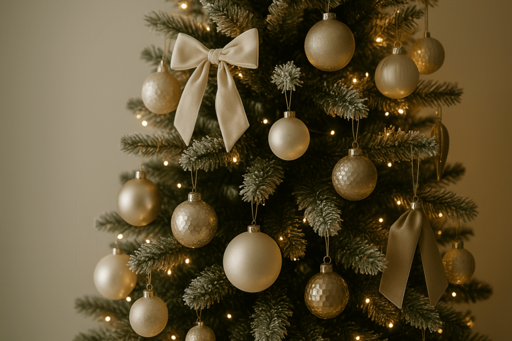 Monochrome champagne-and-ivory Christmas tree with mixed textures.