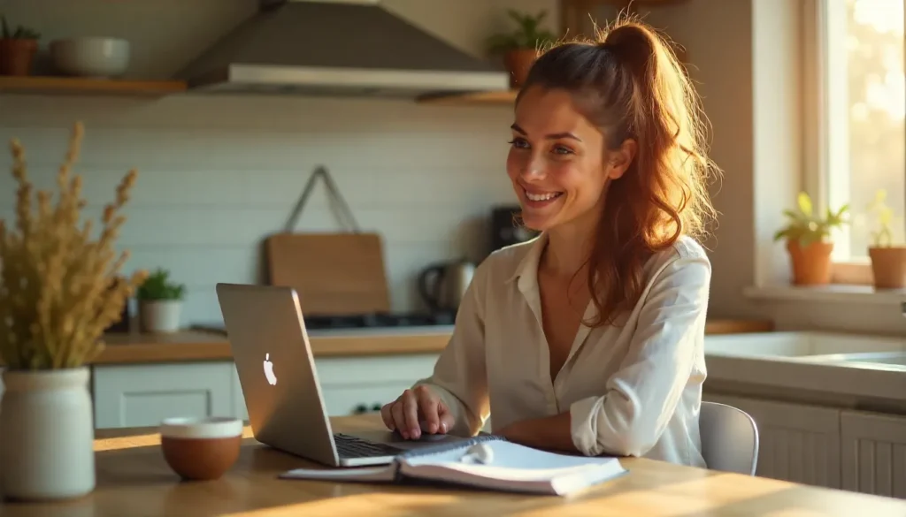 Smiling woman working on a laptop at a bright kitchen table with coffee and notebook, morning routine vibes