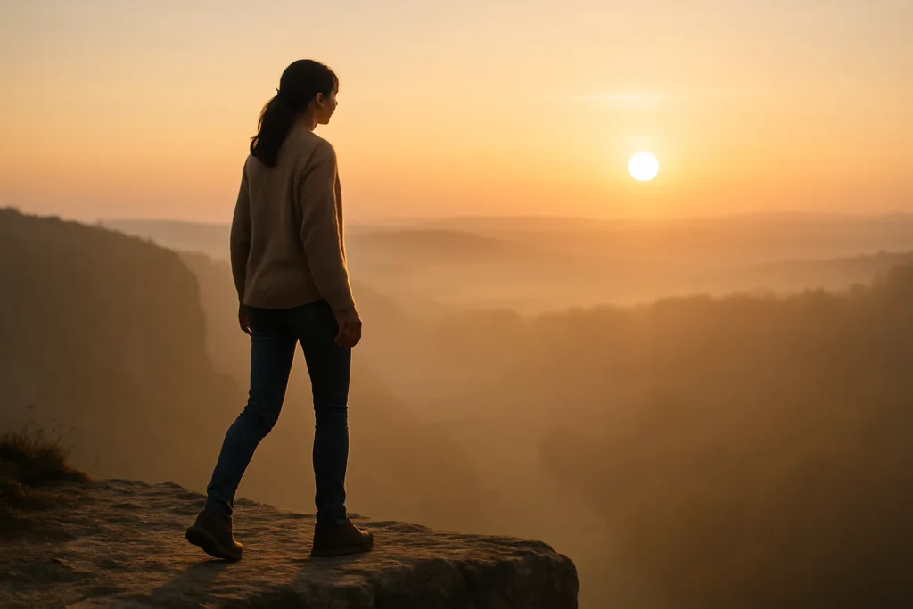 woman standing on the edge of a cliff at sunrise, looking out over misty hills, symbolizing facing fear and moving forward after failure