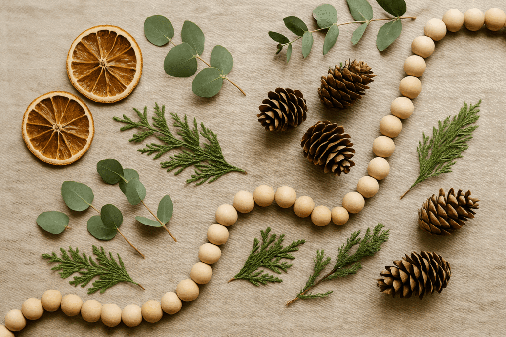Natural holiday accents—dried oranges, eucalyptus, cedar sprigs, pinecones, and wood bead garland on linen.