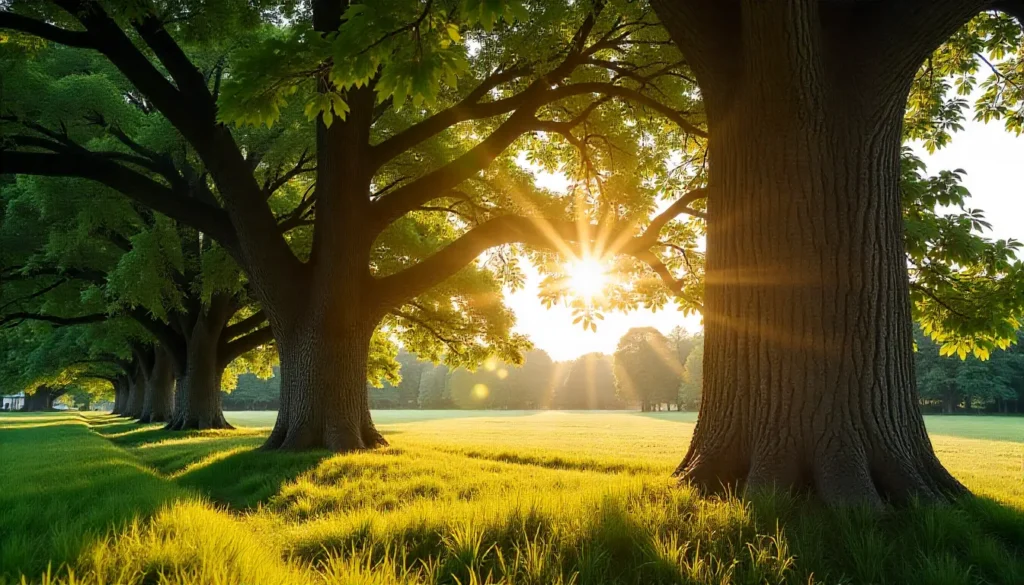 golden sunlight streaming through a row of tall green trees over a grassy field in early morning
