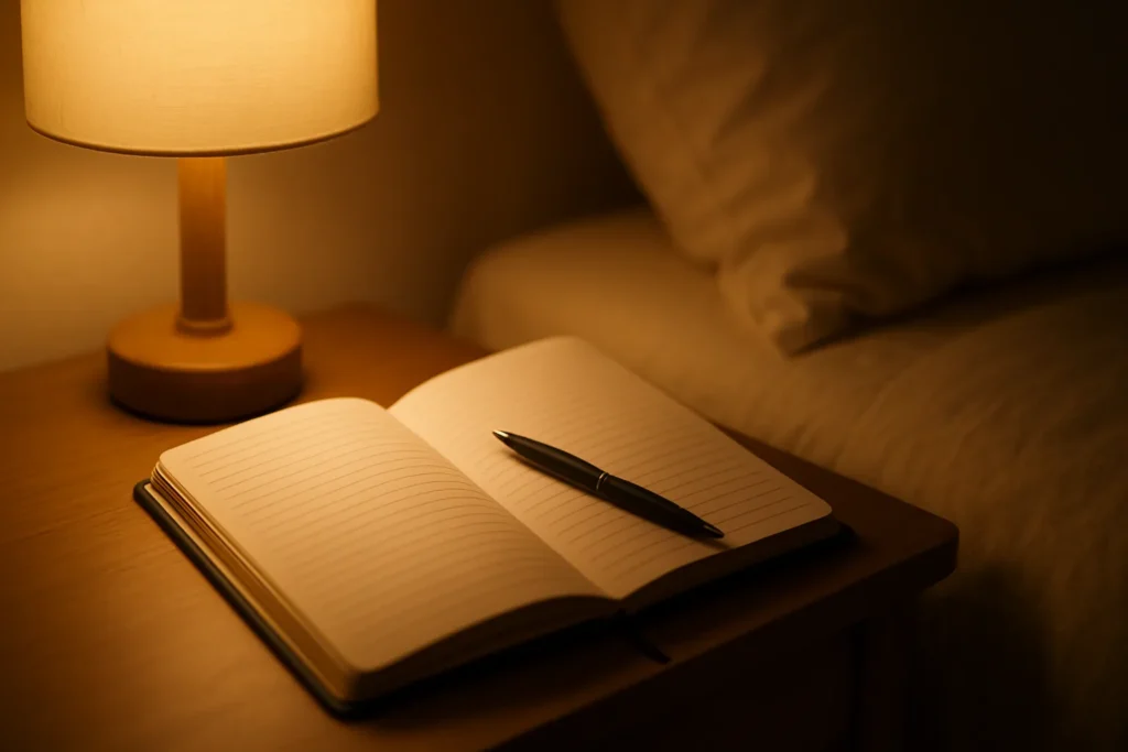 Open journal with blank ruled page and a pen under warm bedside lamp light (1600×900).
