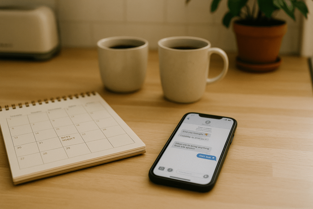 Morning still life—phone with clear, kind text thread, planner marked “Date Night,” two coffee mugs and a small plant in soft daylight.