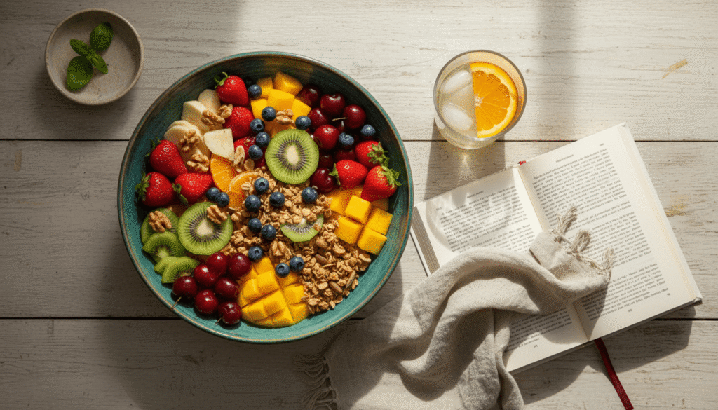 Wholesome meal and reading time to nourish body and mind.