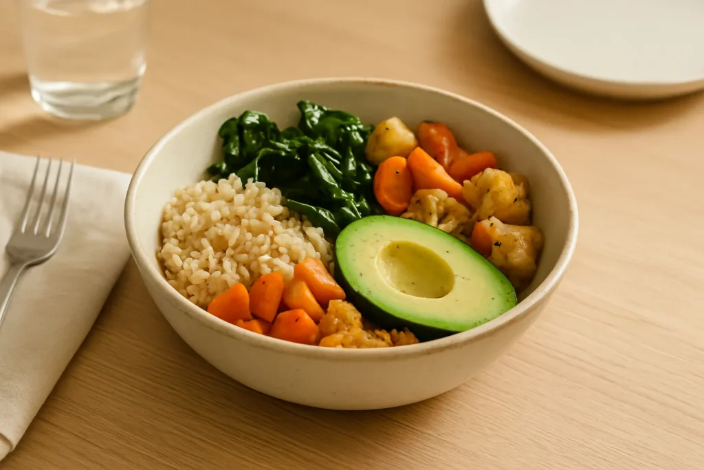 Balanced bowl with grains, greens, roasted veggies, and avocado.
