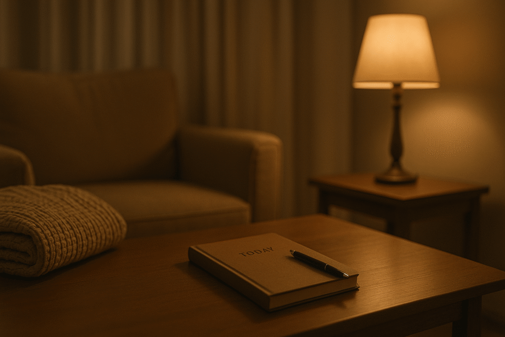 quiet end-of-day moment reinforcing small November habits—a closed journal labeled “Today,” pen, folded blanket, and warm lamplight