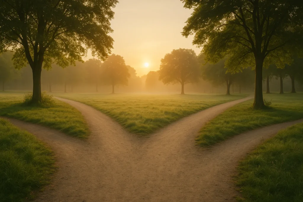 forked park path at sunrise with no people, symbolizing choices in How to Be Open Minded without becoming naive
