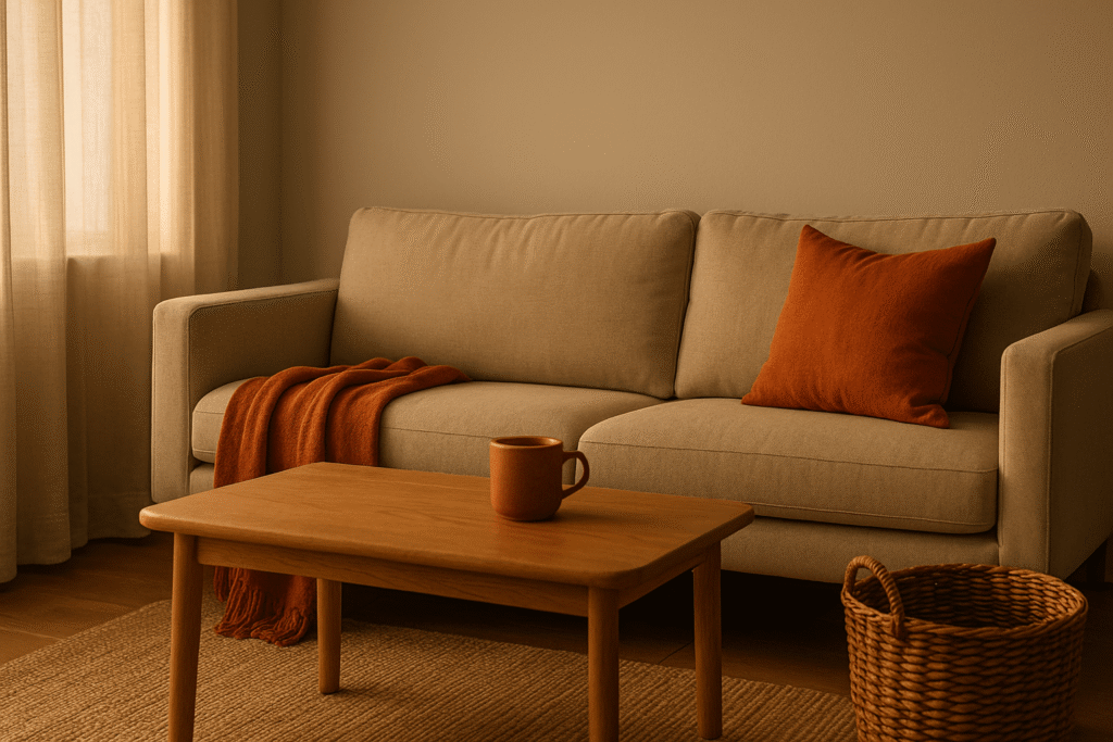 apartment aesthetic ideas with orange tones—rust throw and clay accents