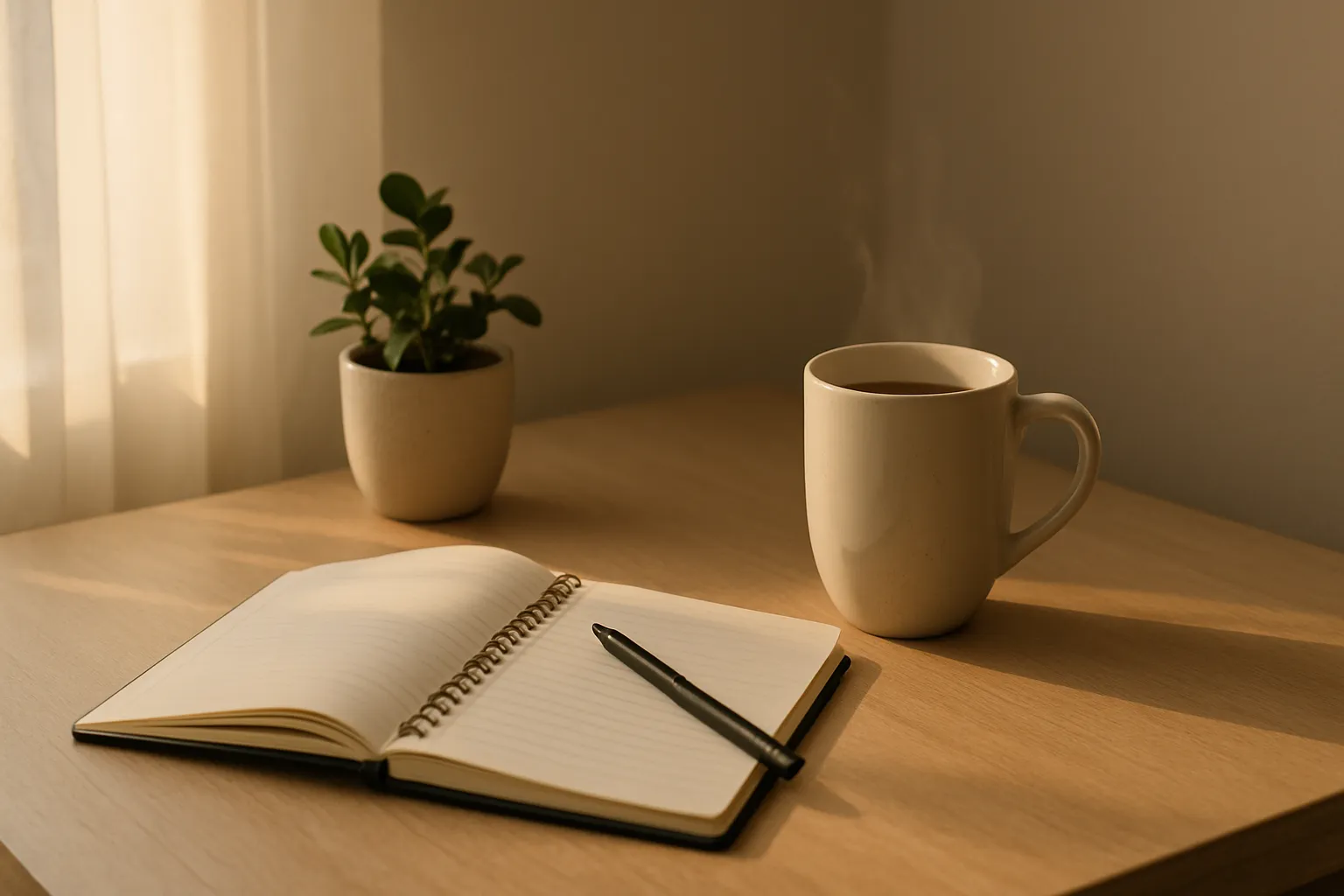 Calm morning table with sunlight, open notebook, and a warm mug