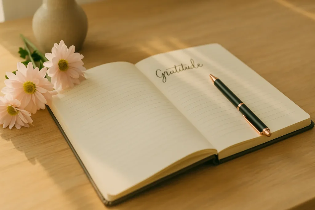 Open gratitude journal with pen and soft pink flowers on a sunlit wooden desk—gentle morning tones.
